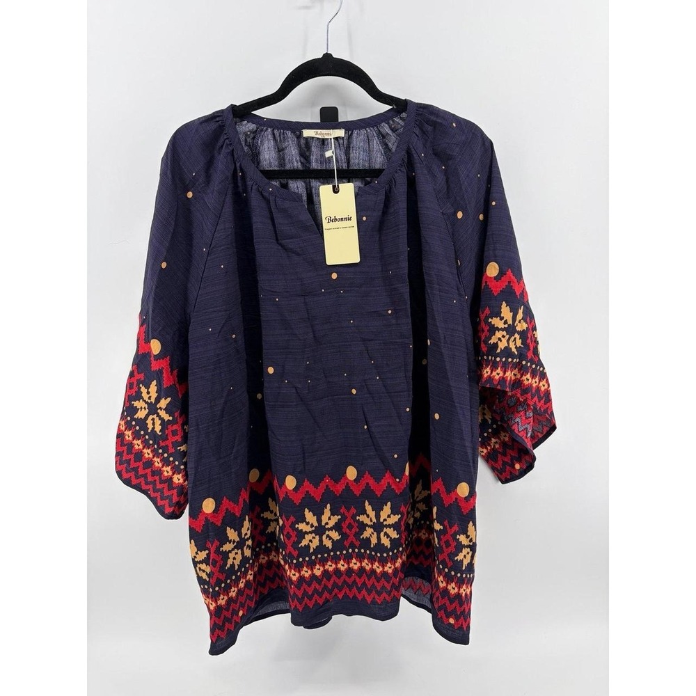 Bebonnie, 3/4 Sleeve Blouse/Top, Navy Geometric Print, Women Size XXL, NWT